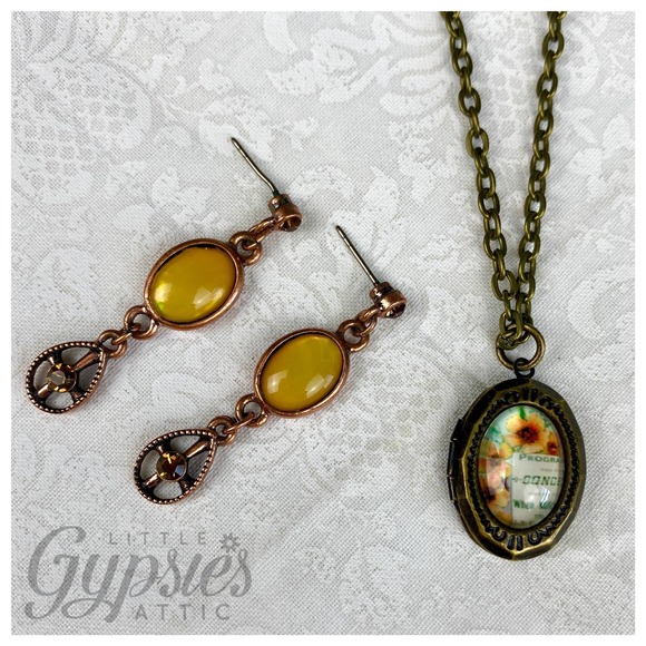littlegypsie Jewelry - Old Farmhouse Locket Necklace and Topaz Earrings